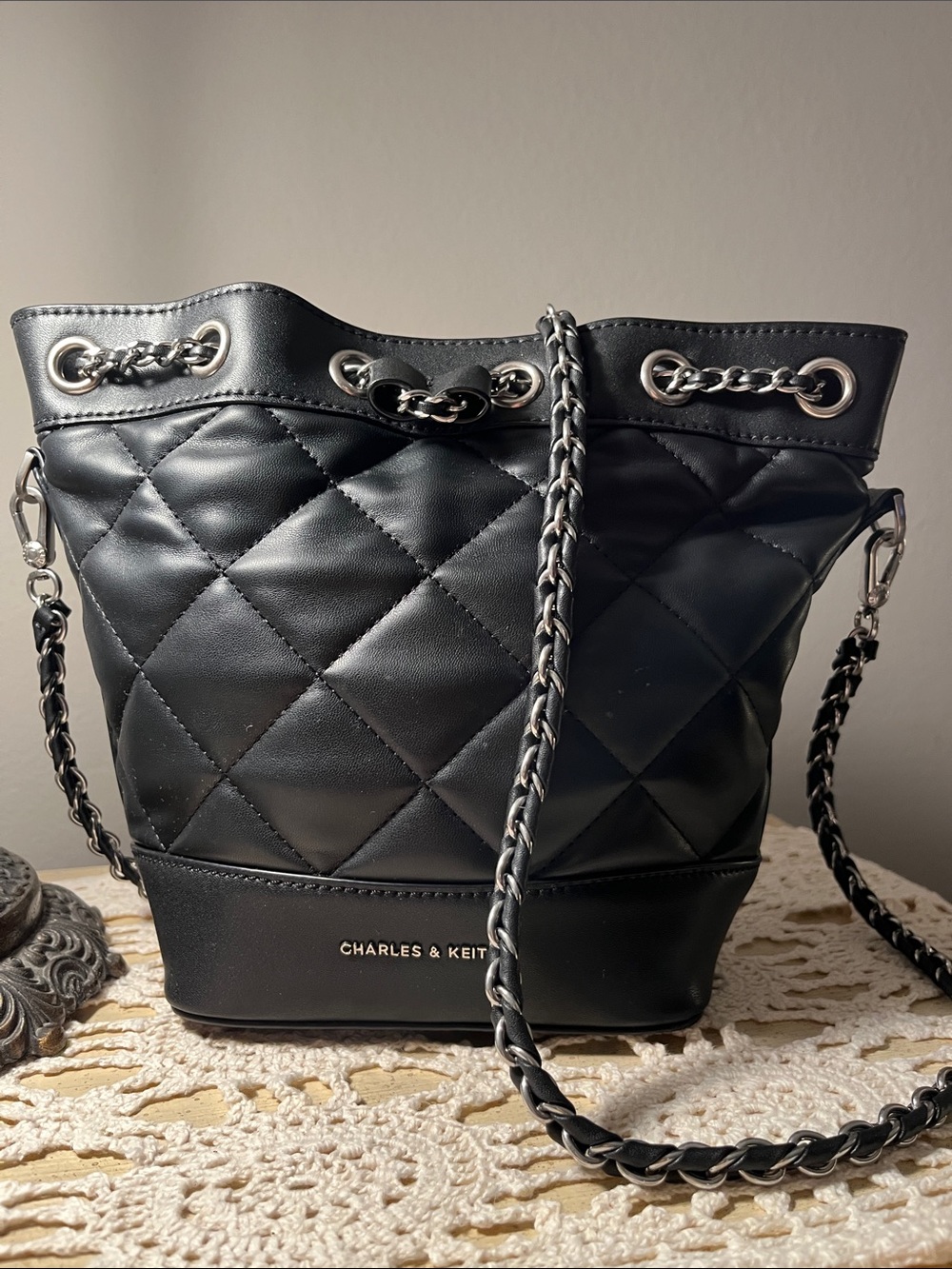 Charles & Keith Quilted Black Chain-Handle Bucket Bag